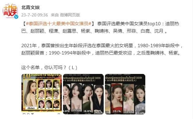 泰国评选十大最美中国女演员：迪丽热巴第一_图1-2