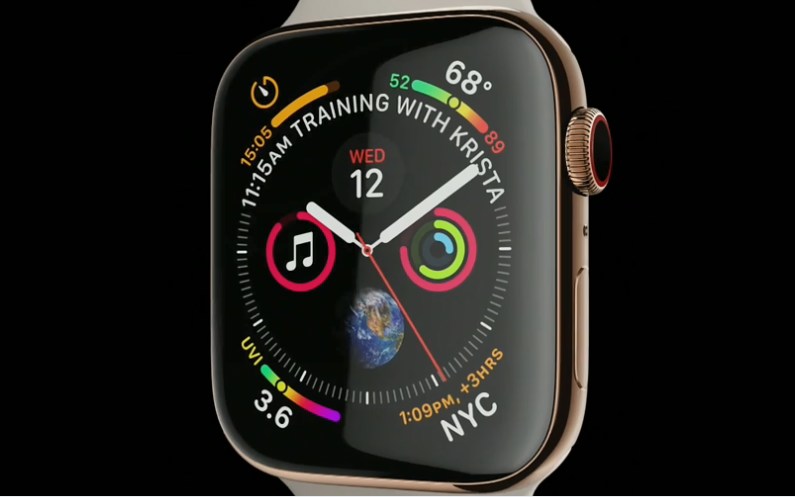 Apple Watch Series 4搭载自定义设计芯片，其运行速度将提高两倍。其搭载的新型芯片能察觉到使用者的摔倒，并启动应急电话。它具备侦测心房颤动（AFIB）的功能，能感应到心脏跳动频率；将允许用户录制心电图。